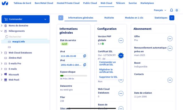 Interface client OVH, régénérer le certificat SSL.