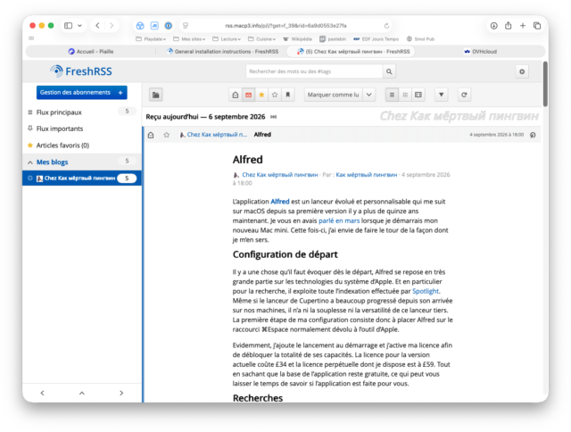 Flux du blog dans l'interface web de FreshRSS.
