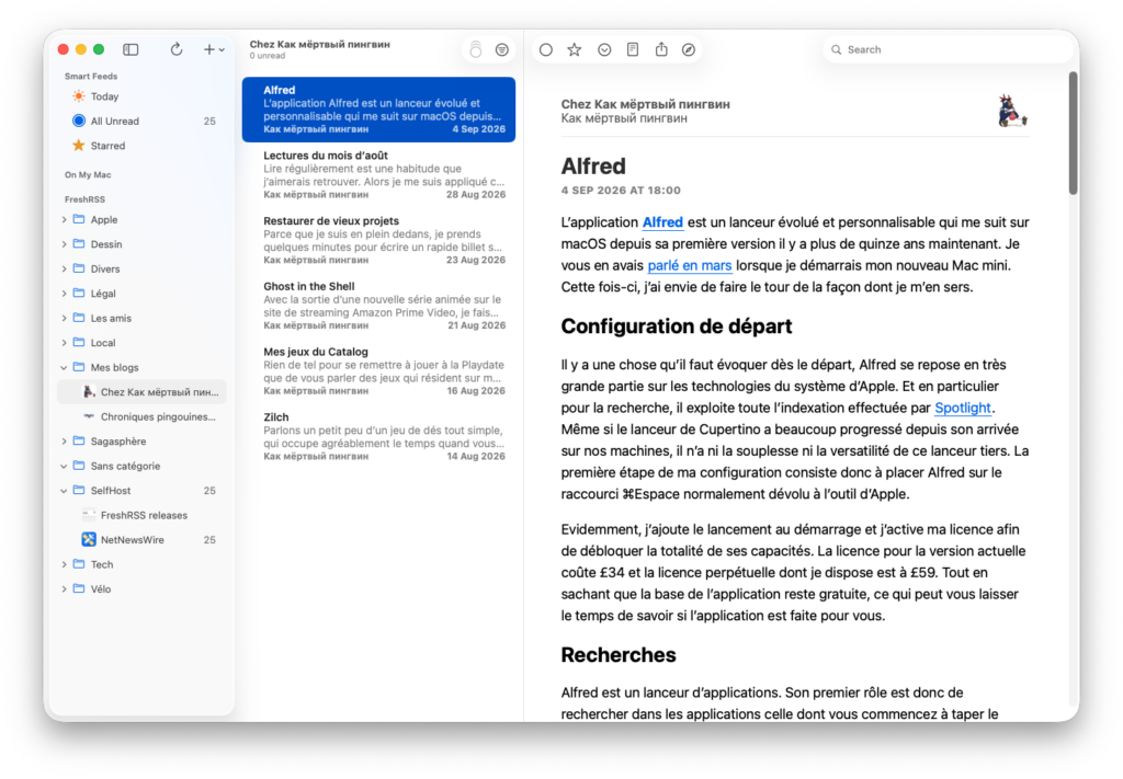 Flux du blog dans NetNewsWire macOS.