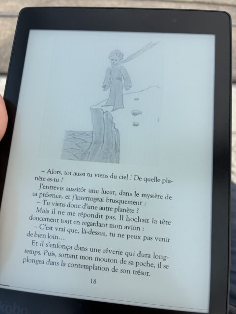 Photo d’une page du Petit Prince de Saint-Exupéry sur une liseuse Kobo Aura One (noir & blanc). On voit une aquarelle de l’auteur sur la moitié supérieure de la page.