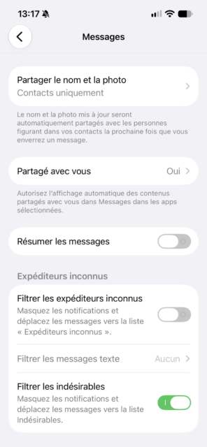 Réglages Messages sur iOS